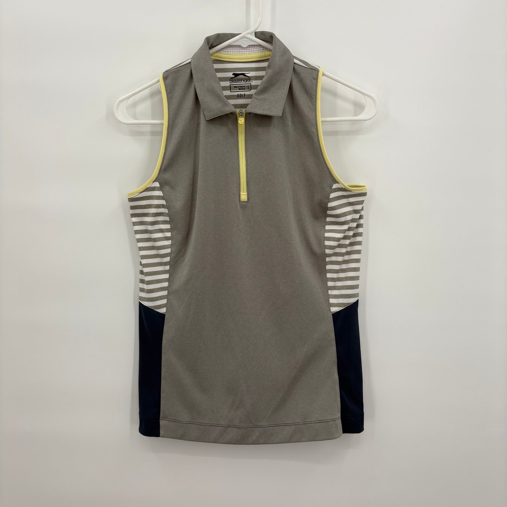 Slazenger Golf Womens Sleeveless Polo Shirt Grey Navy Yellow Striped Small Zip